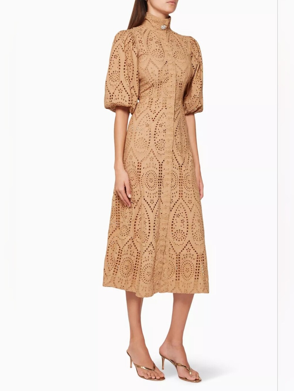 GANNI Dress Tan Broderie Anglaise Eyelet Midi Size EU 34